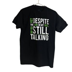 Woman’s Classic Black Tee with Bold White and Green Text Size M
